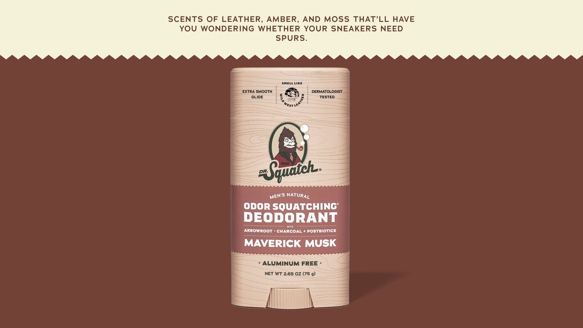 Brand and ingredient story panel for Dr. Squatch Maverick Musk Deodorant