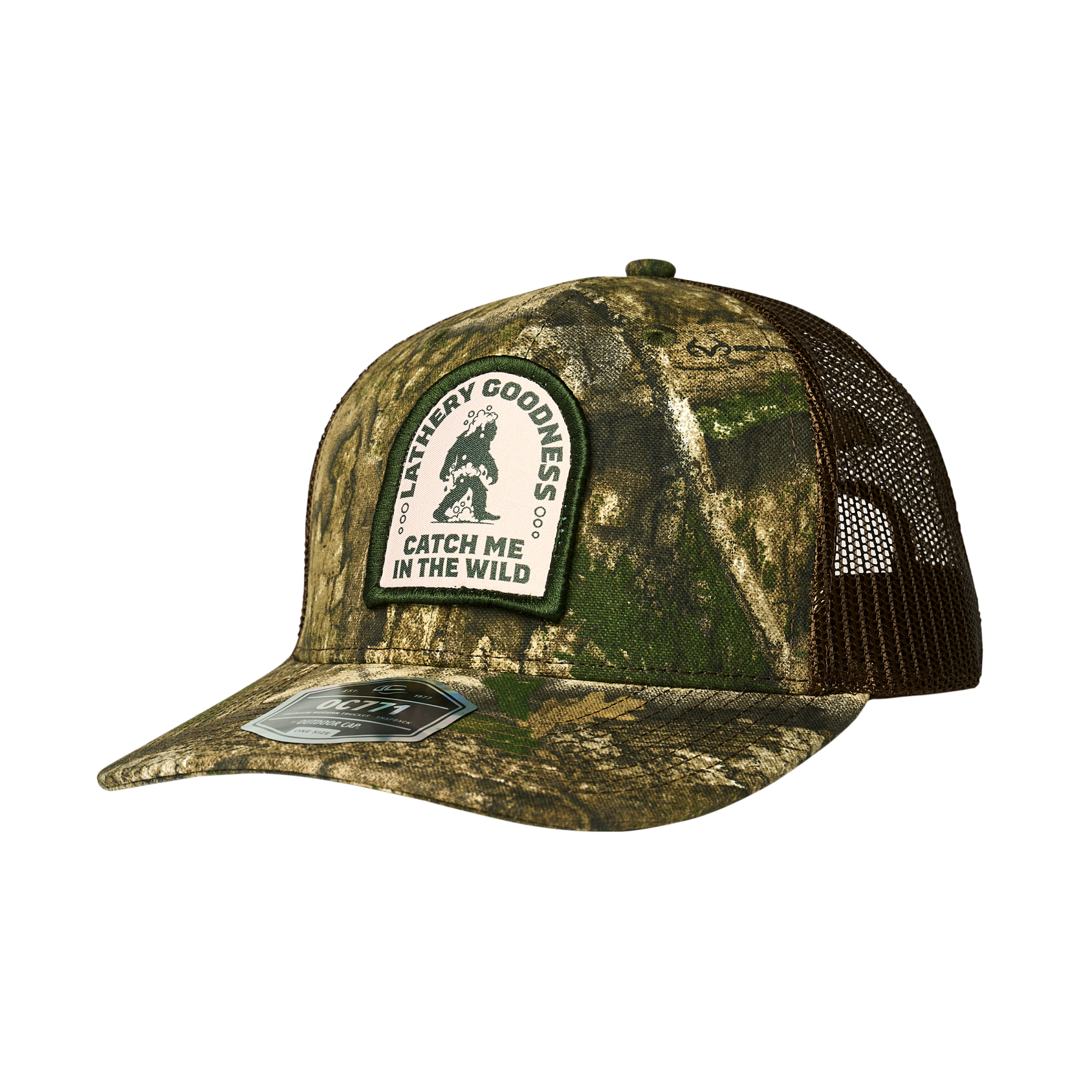 Camo trucker hat with mesh back and "Catch Me In The Wild" patch featuring Dr. Squatch branding.